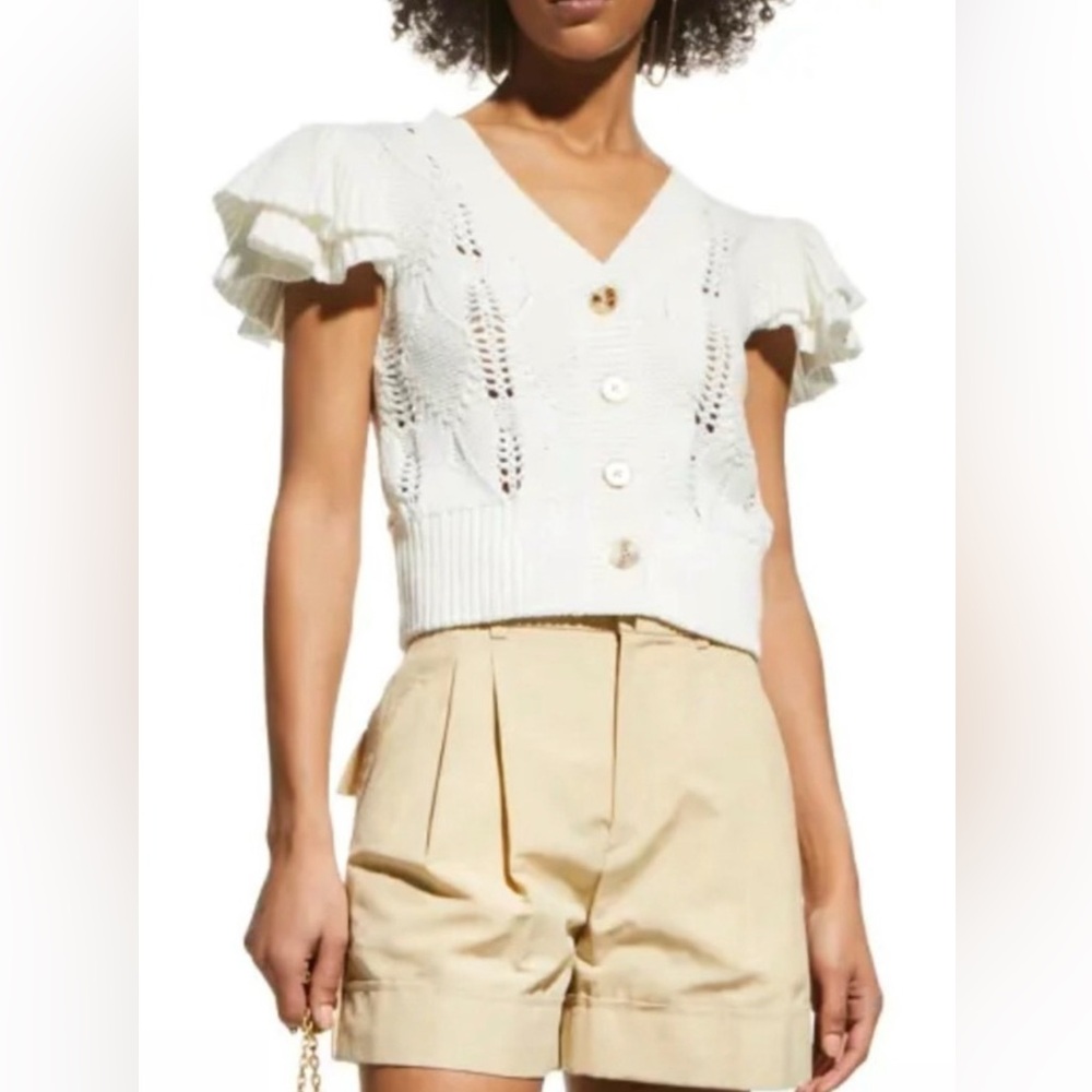NWT L Milly Ecru Pointelle Ruffle Short Sleeve Knit Cardigan Sweater Button Up